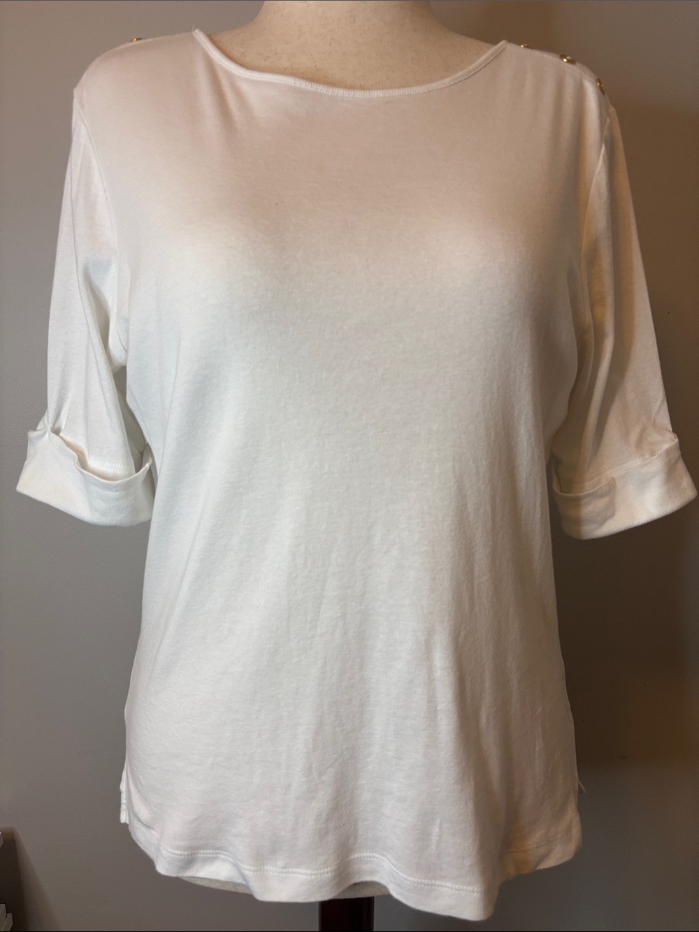 Lauren Ralph Lauren Short Sleeve White Casual Cotton Button-Shoulder Top -Large
